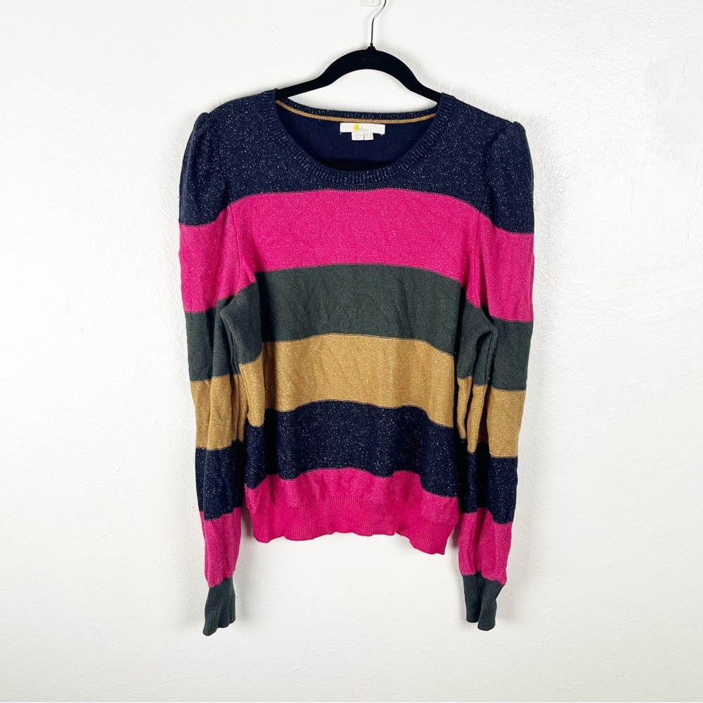 BODEN Striped Wool Cashmere Blend Metallic Long Puff Sleeves Sweater 12 Casual